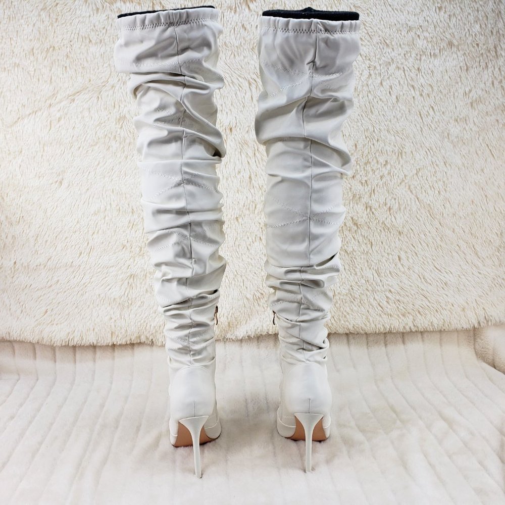 Bone White Square toe Thigh Boots Scrunch Slouch boots_16